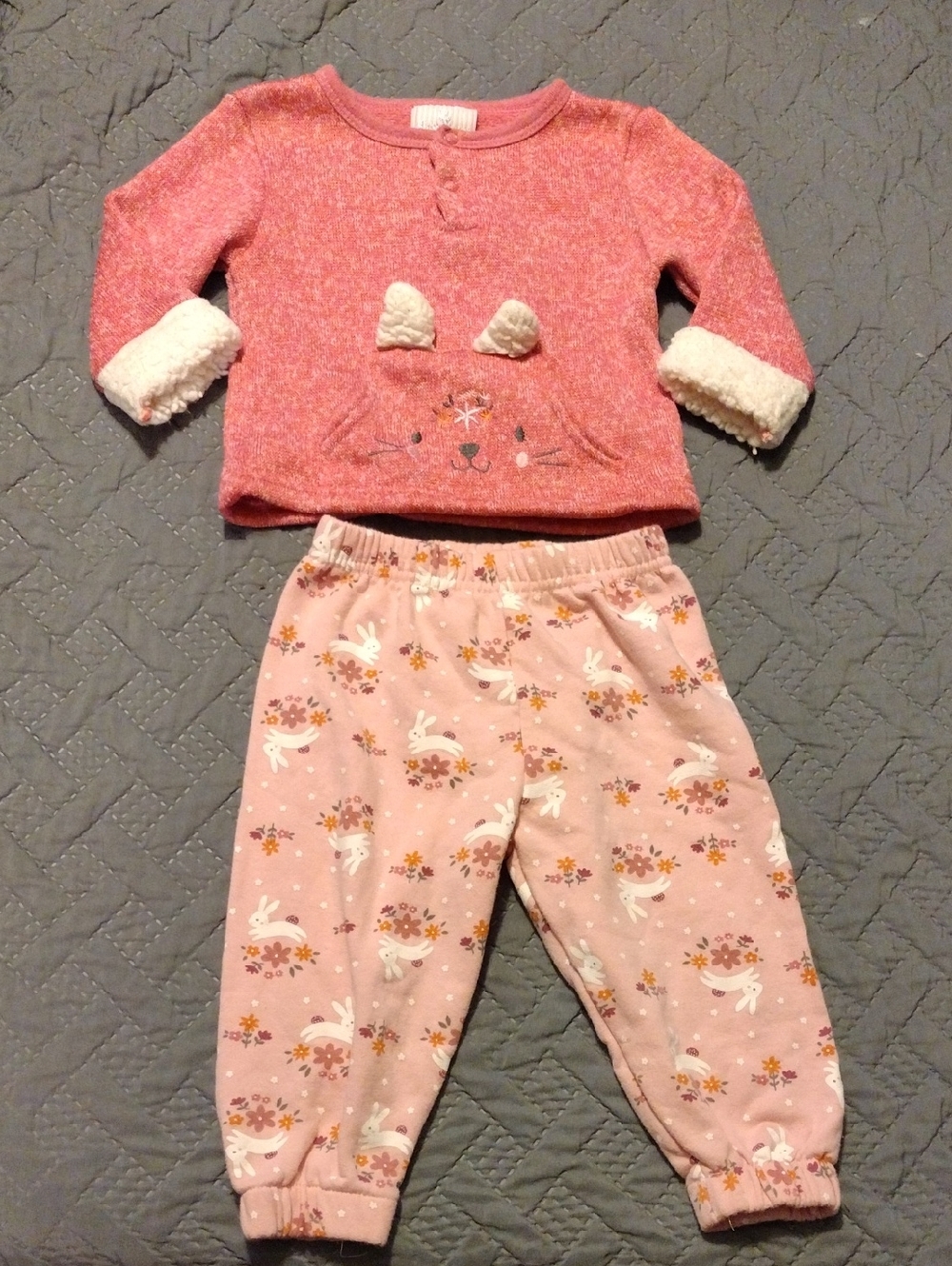 Girls Pink Bunny Two-Piece Set with Sherpa Cuff Top